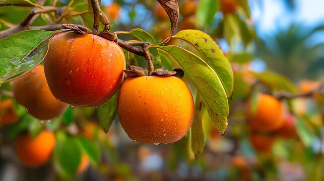 Ripe, juicy persimmon fruit hanging on trees in garden