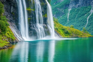 Fototapeta premium Exploring the stunning Seven Sisters waterfall in Geiranger Fjord, Norway, surrounded by lush green mountains, Geiranger fjord, waterfall Seven Sisters Beautiful Nature Norway natural landscape