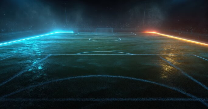 Illuminated soccer field at night with vibrant blue and orange lights.