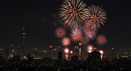 Fototapeta premium Fireworks over city skyline at night (3)
