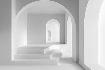 White architecture minimalist interior design arched hallway stairs