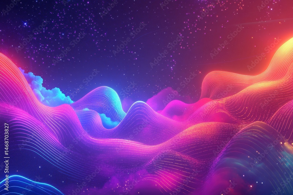 Poster futuristic abstract background featuring vibrant neon lines in a dynamic wave pattern, abstract futu