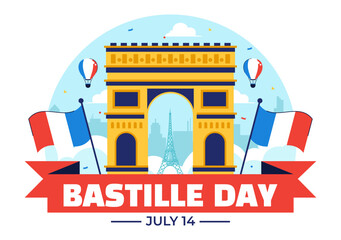 Happy Bastille Day Vector Illustration on July 14, featuring the French Flag, Ribbon, and Eiffel Tower in a National Holiday Flat Background