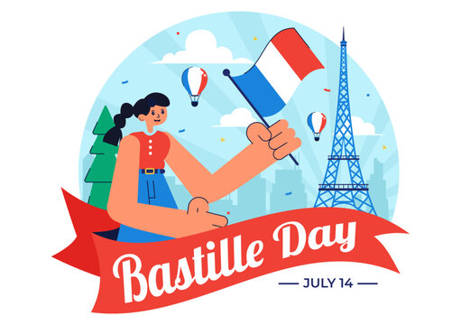 Happy Bastille Day Vector Illustration on July 14, featuring the French Flag, Ribbon, and Eiffel Tower in a National Holiday Flat Background