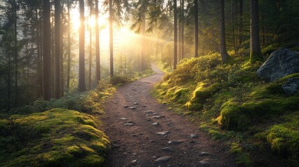 Obraz premium Sunlit forest path winding through mossy woods.