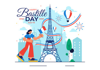 Happy Bastille Day Vector Illustration on July 14, featuring the French Flag, Ribbon, and Eiffel Tower in a National Holiday Flat Background
