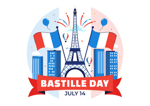 Happy Bastille Day Vector Illustration on July 14, featuring the French Flag, Ribbon, and Eiffel Tower in a National Holiday Flat Background