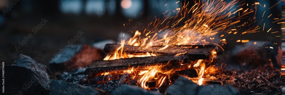 Poster enjoying an evening bonfire with glowing sparks and warmth in a serene outdoor setting generative ai