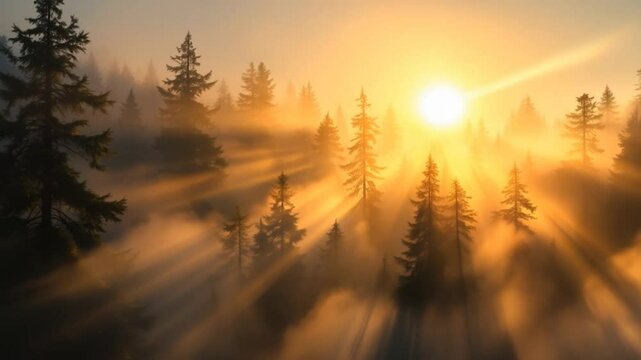 Beautiful magical sunrise in the forest. The sun's rays break through the trees in the fog. The mystical nature of the rain forest.