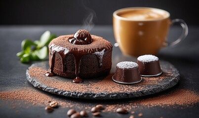 A delectable chocolate dessert alongside a steaming coffee drink.