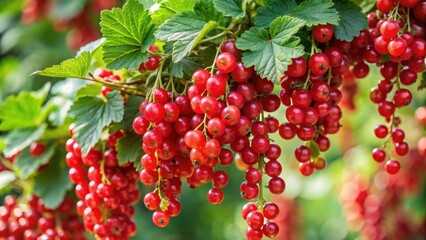 Summer bush of red currant plant with abundant ripe red currant berries hanging from its branches