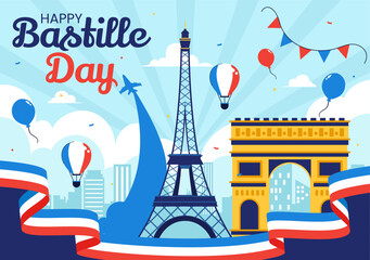 Obraz premium Happy Bastille Day Vector Illustration on July 14, featuring the French Flag, Ribbon, and Eiffel Tower in a National Holiday Flat Background