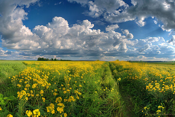 a field of yellow flowers under a cloudy sky