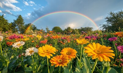 Naklejka premium Rainbow over the Flower Garden, Generative AI