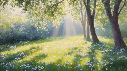 Fototapeta premium Sunlit meadow bathed in morning sunlight, with trees casting shadows on a field of wildflowers.