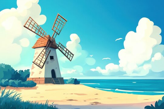 Seaside windmill with bright sky and gentle waves creates a tranquil coastal atmosphere, beautiful seaside windmill, seamless ing Photo background, cartoon style - Powered by Adobe