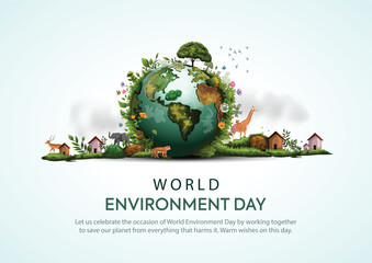 world environment day poster. green plant and globe. abstract vector illustration design.