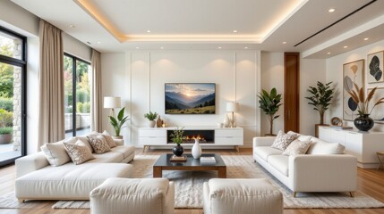 Modern Living Room with Cozy Decor and Elegant Lighting, Featuring a Large TV and Beautiful Indoor Plants
