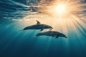 Obraz premium Dolphins swimming gracefully beneath a sunlit sky over a tranquil sea, Calm and tranquil sea Dolphins silhouette under sunshine