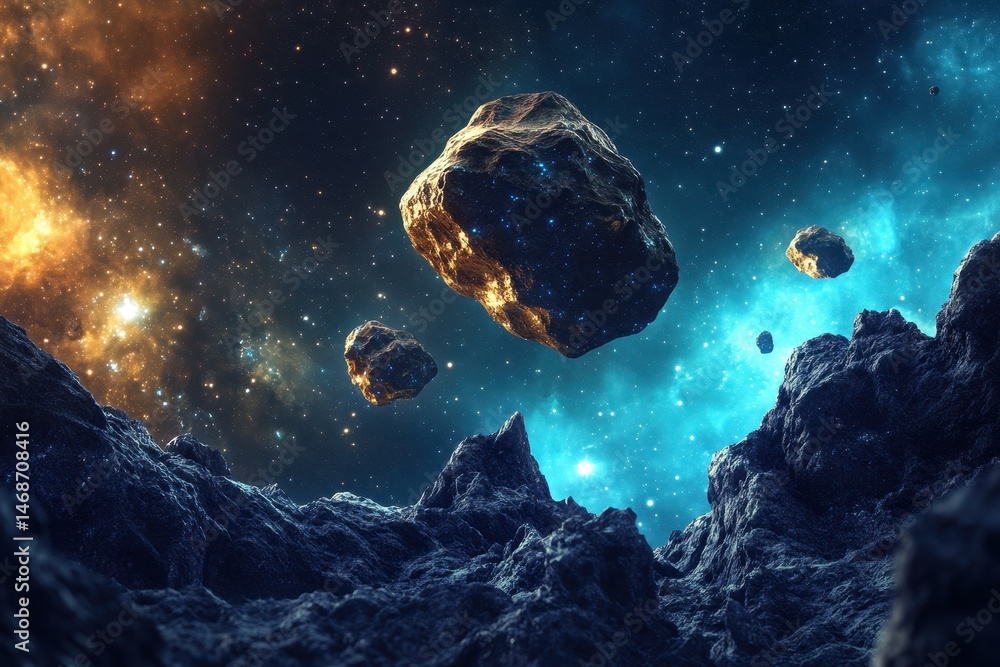 Poster floating asteroids traverse a vivid extraterrestrial landscape in a distant future, asteroids in a f