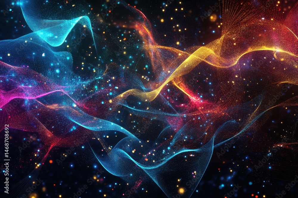 Poster vibrant abstract digital art with glowing lines and particles creating a mesmerizing visual experien