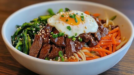 A vibrant bowl of bibimbap with beef, vegetables, and a sunny-side-up egg, garnished with sesame seeds and green onions.