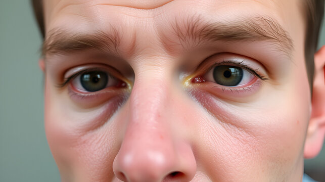 Caucasian man has angioedema around the eyes caused by allergic reaction to agents such as insect bites, foods, or medications. Swollen face, close up.
