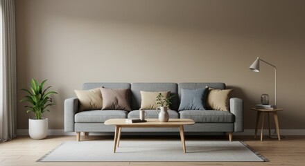 Living room interior with sofa coffee table plant lamp and neutral color scheme.