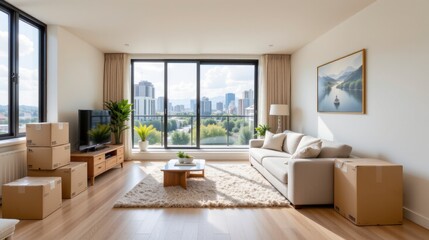 Modern Living Room with Boxes Ready for Moving, Urban Skyline View, Minimalist Decor, Natural Light Streaming In