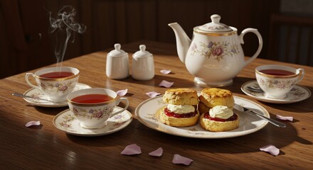 Fototapeta premium Enjoying Afternoon Tea with Scones and Tea Set on Wooden Table