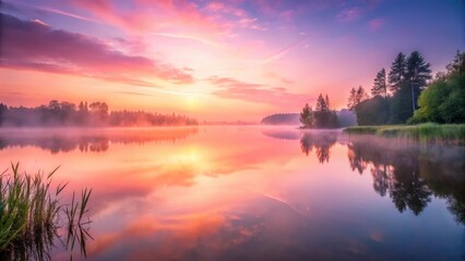 Misty pink sunrise casting a tranquil glow over a serene lake