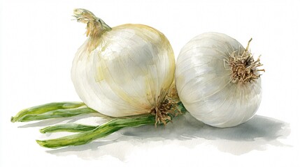 Fototapeta premium Watercolor White Onion Illustration | Fresh Root Vegetable Clipart | Botanical Kitchen Ingredient Art – White Background