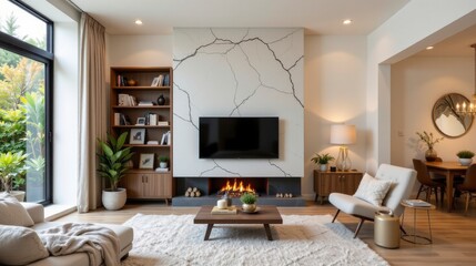 Modern cozy living room with stylish furniture, green plants, and a mesmerizing wall design for contemporary decor