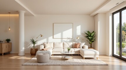 Cozy and Modern Living Room with Bright Natural Light, Plush Sofa, and Green Indoor Plants