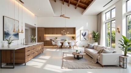 Modern Bright Living Room with Open Concept Layout and Elegant Natural Wood Accents in Stylish Home Interior