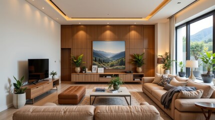 Fototapeta premium Modern and Elegant Living Room Interior with Cozy Sofa and Scenic Wall Art in Contemporary Design