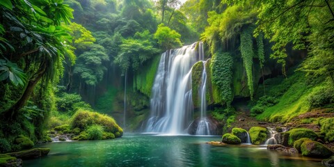Fototapeta premium Dense green foliage surrounds a serene waterfall cascading down a rocky cliff in the heart of a lush forest, forest, flora