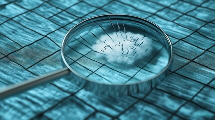 Magnifying glass focusing on intricate detail, possibly on fabric or a document