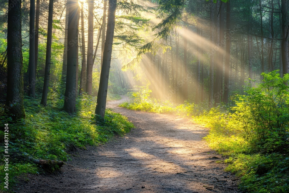 Aufkleber forest trail at sunrise with sunlight filtering through trees creating a serene atmosphere, forest t