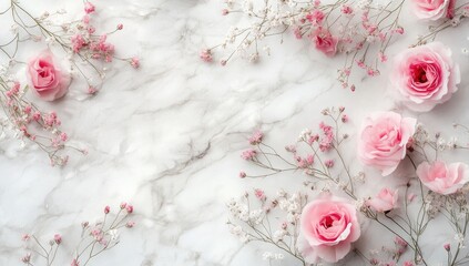 Delicate pink roses and baby's breath blossoms arranged on a marble background