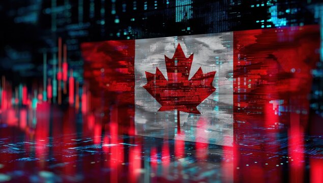 Canadian flag amidst digital data visualization. - Powered by Adobe