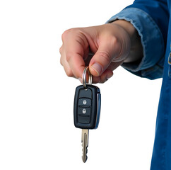 Hand holding a car key on white background
