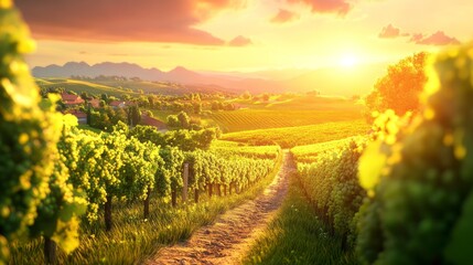 Golden sunset over a vineyard path in rolling hills.