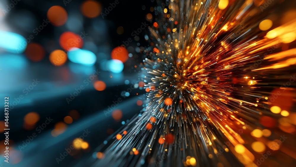 Aufkleber abstract blue and orange light rays in futuristic space tunnel with bokeh effect