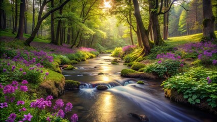 Obraz premium A serene forest stream surrounded by lush greenery and vibrant purple flowers that sway gently in the breeze, forest scenery, landscape photography