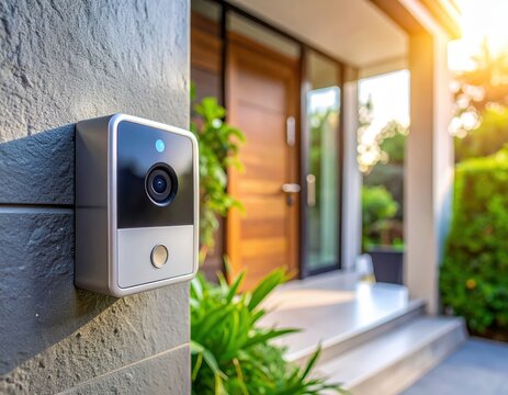 A modern doorbell camera installed by a stylish entrance, surrounded by greenery and natural light