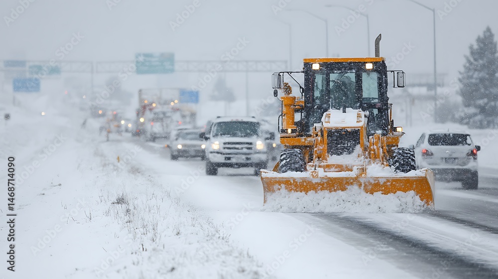 Poster Snow plow grader clears highway during heavy snowfall while vehicles wait in line against a winter backdrop