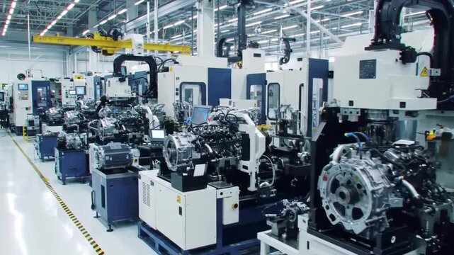Modern Motorbike Engine Assembly Line: High-Angle View of Automated Machines in a Clean Factory