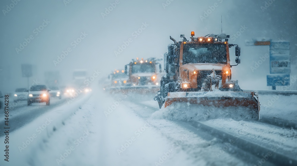 Poster Snow plow grader clears highway during heavy snowfall while vehicles wait in line against a winter backdrop
