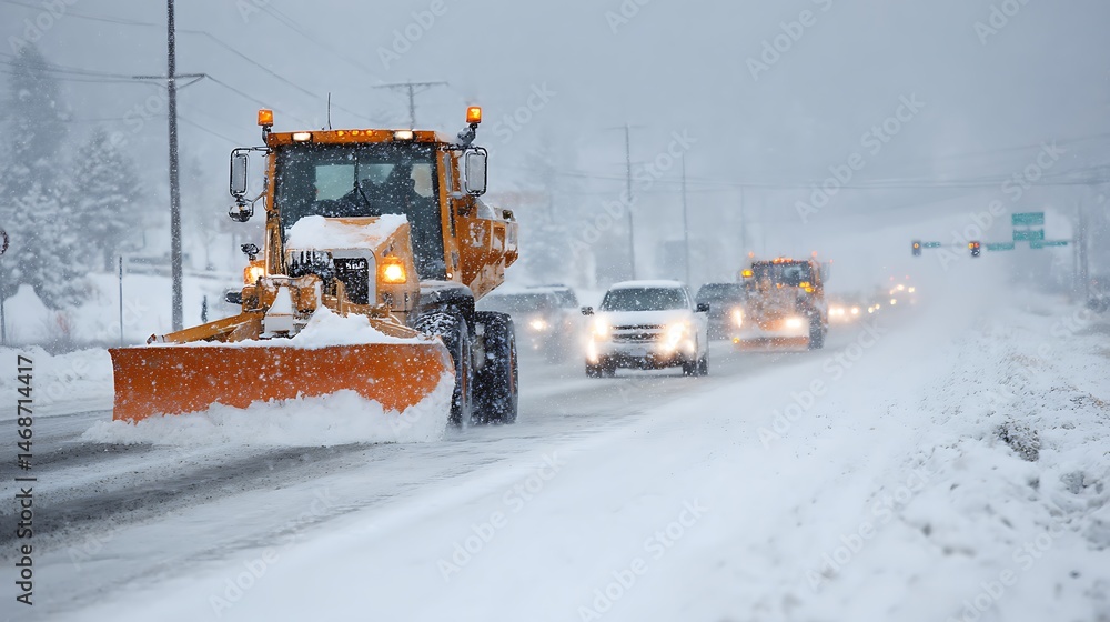 Poster Snow plow grader clears highway during heavy snowfall while vehicles wait in line against a winter backdrop